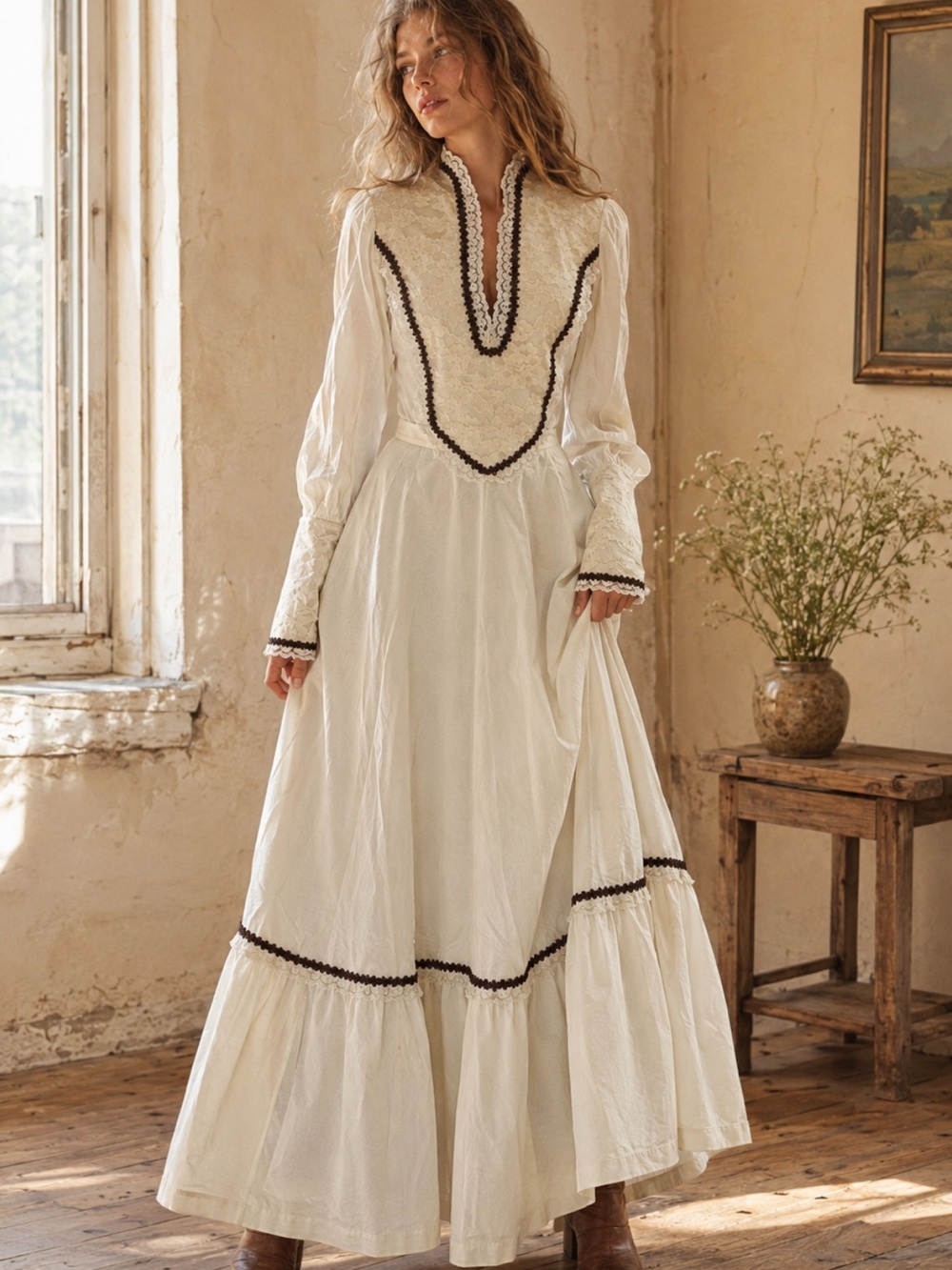 Vintage 1970s Handmade Prairie Maxi Dress Victorian Lace Cottagecore Size Small
